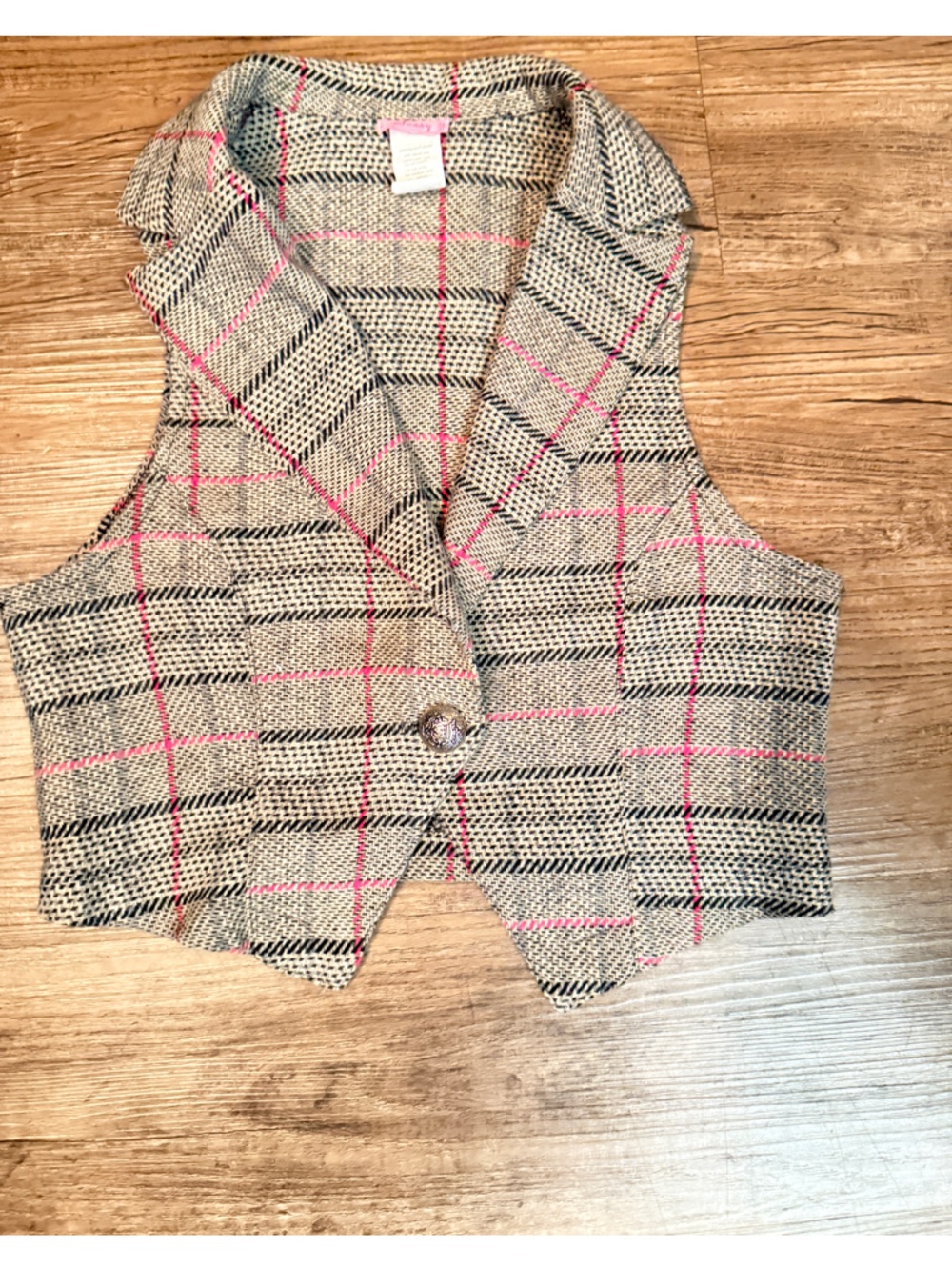 Sleeveless Tweed Plaid Vest with Pink Windowpane - Women Jackets & Coats Vests